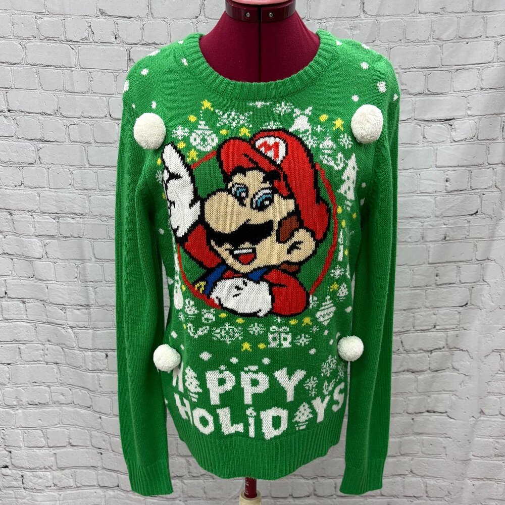 Nintendo Super Mario -Wreath Ugly Christmas Happy Holidays Sweater Medium